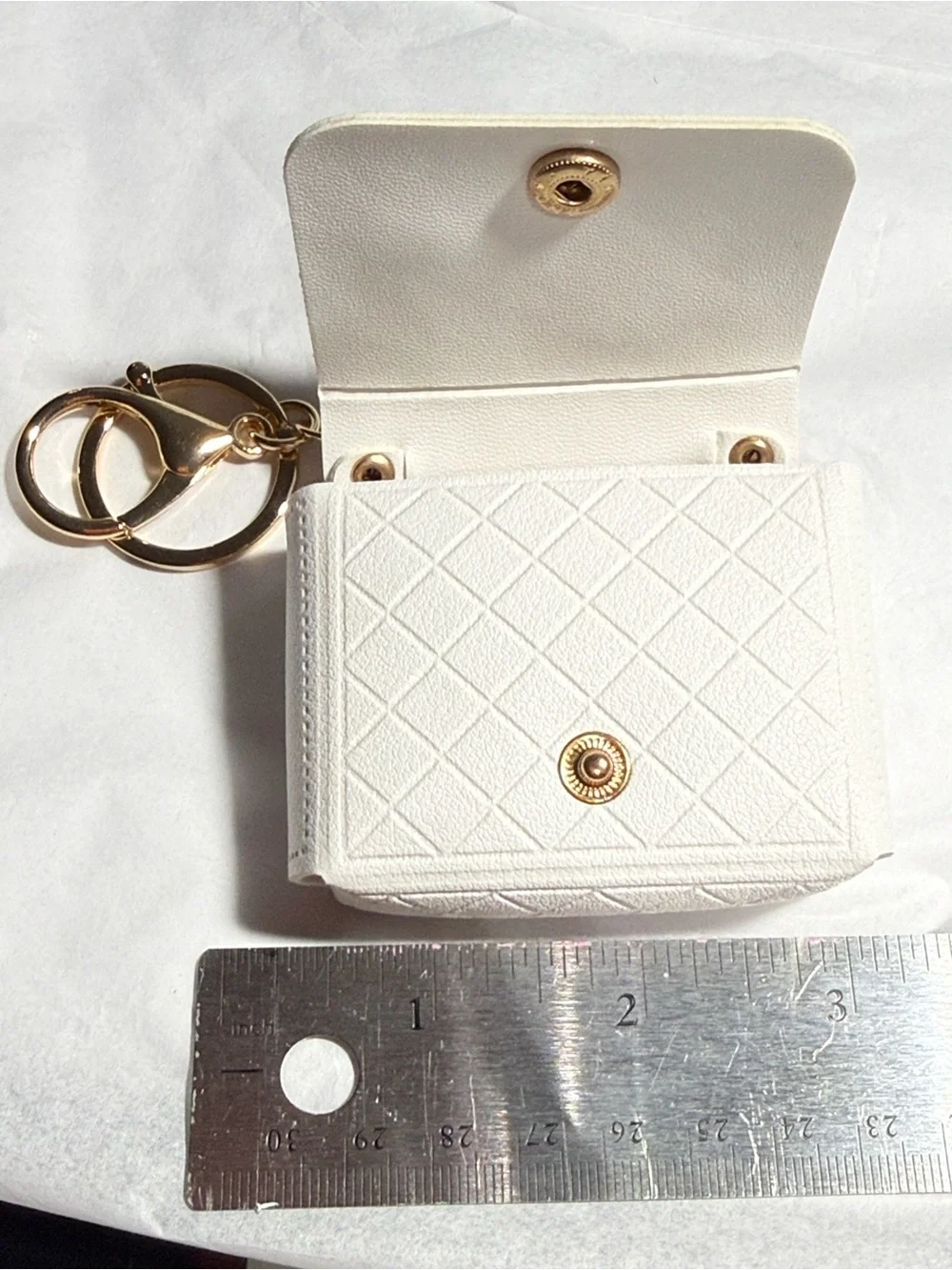 White Quilted Keychain & AirPod holder Gold Tone Hardware and Decorative Charms